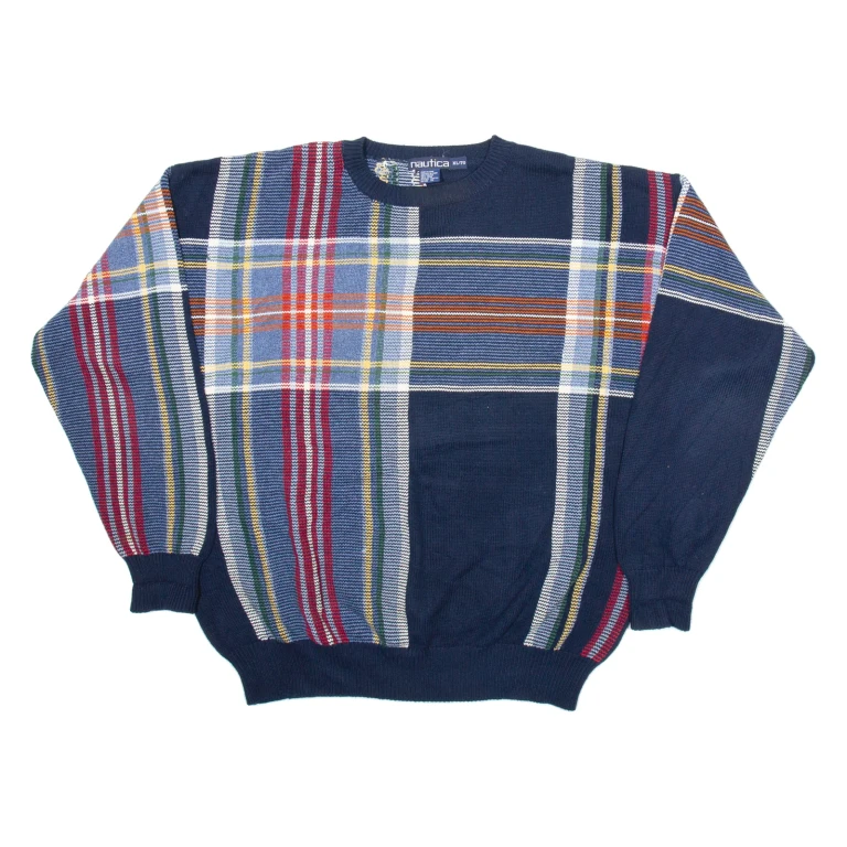 NAUTICA Mens Patterned Jumper Blue Check Tight Knit XL