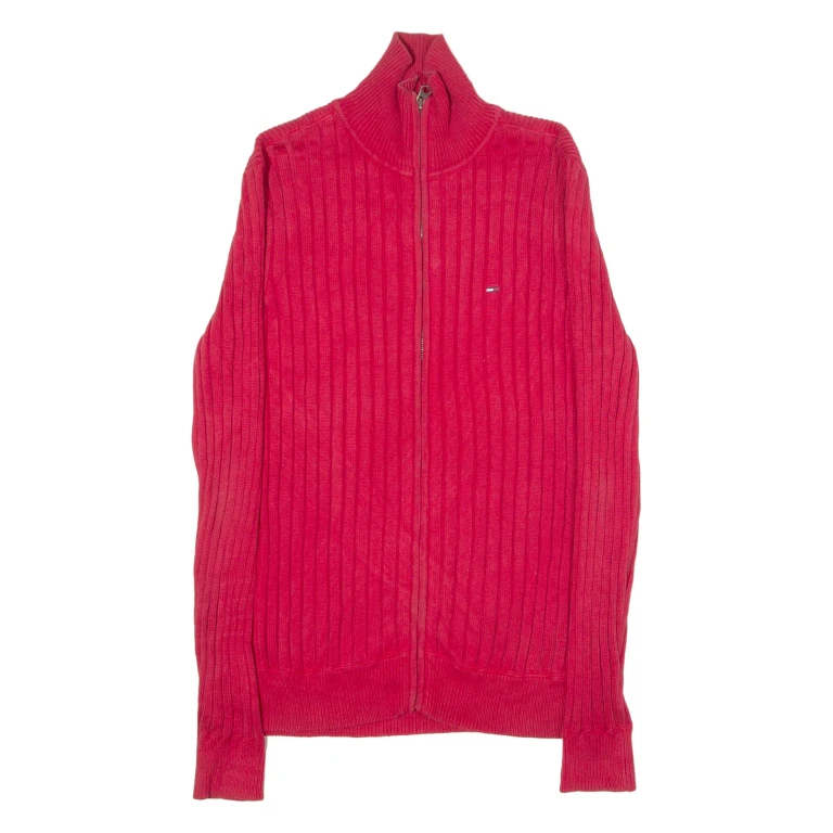 TOMMY HILFIGER Mens Heavy Knit Jumper Red High Neck Tight Knit M