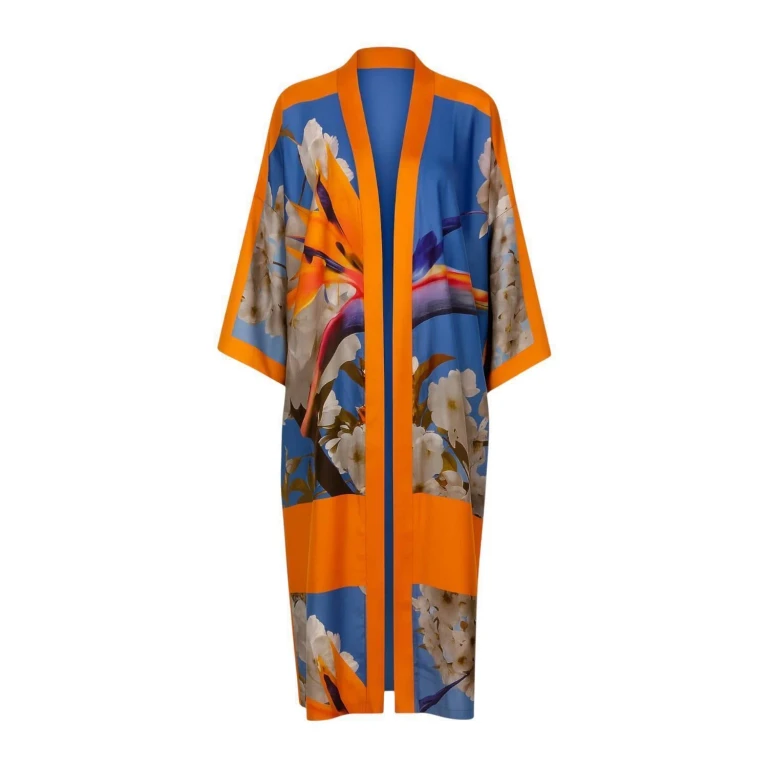 Unisex Bird of Paradise Printed Silk Kimono - White and Blue - Limited Edition of 10