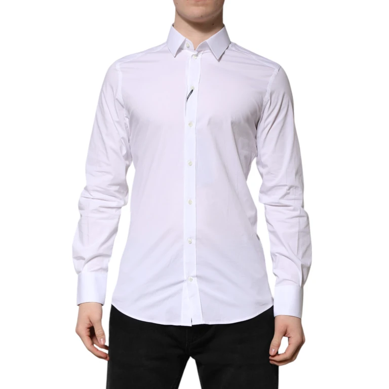 Dolce & Gabbana White Cotton Gold Long Sleeves Formal Shirt Elastane - Men
