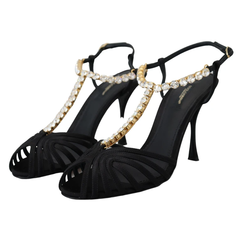 Dolce & Gabbana Black Satin Clear Crystal T-Strap Sandal Shoes Silk - Women