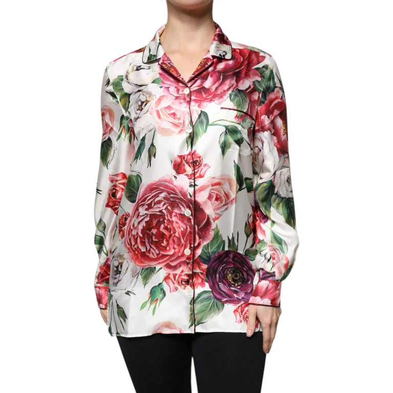 White Peony Silk Long Sleeves Collared Blouse Top - Women