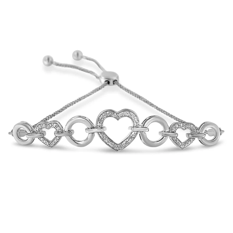 .925 Sterling Silver Diamond Accent Interlinking Triple Heart 4"-10" Adjustable Bolo Tennis Bracelet Bolo Bracelet (H-I Color, I2-I3 Clarity)