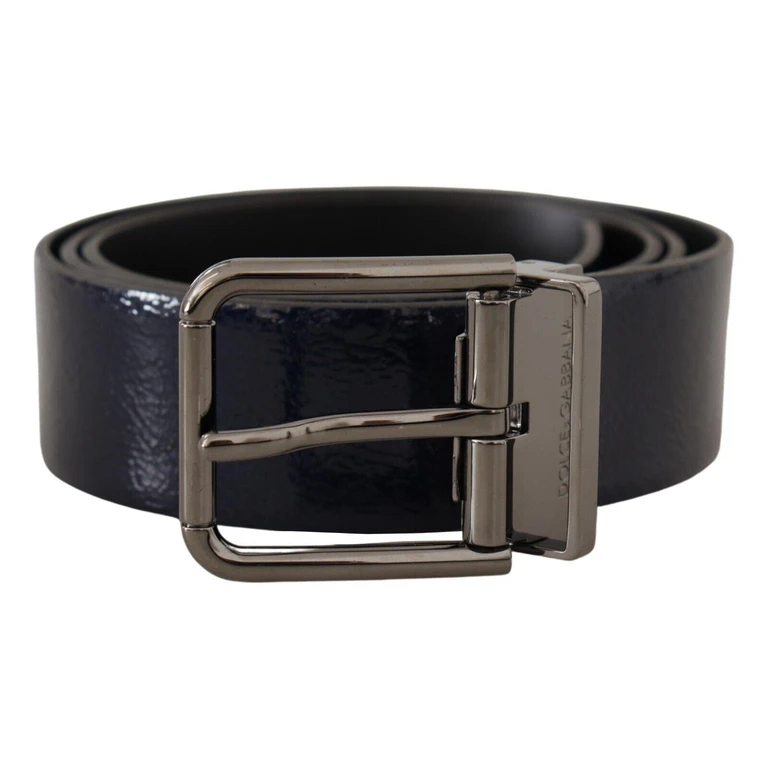 Blue Patent Leather Vernice Silver Logo Buckle Belt - Men