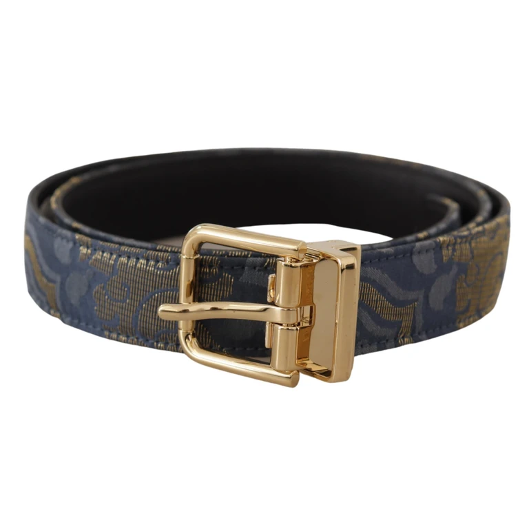 Dolce & Gabbana Navy Blue Jacquard Gold Tone Logo Metal Buckle Belt Leather - Women