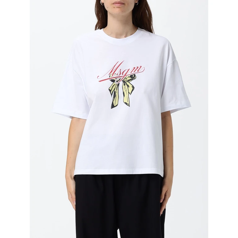 MSGM Cotton T-Shirt with Logo Print and Applied Bows (4042MDM93267002OPTICALWHITE)