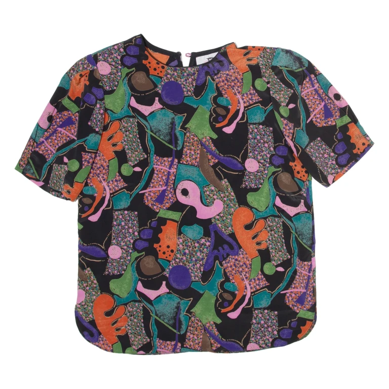 VALENTINES Womens Printed Blouse Black Silk Crazy Pattern M