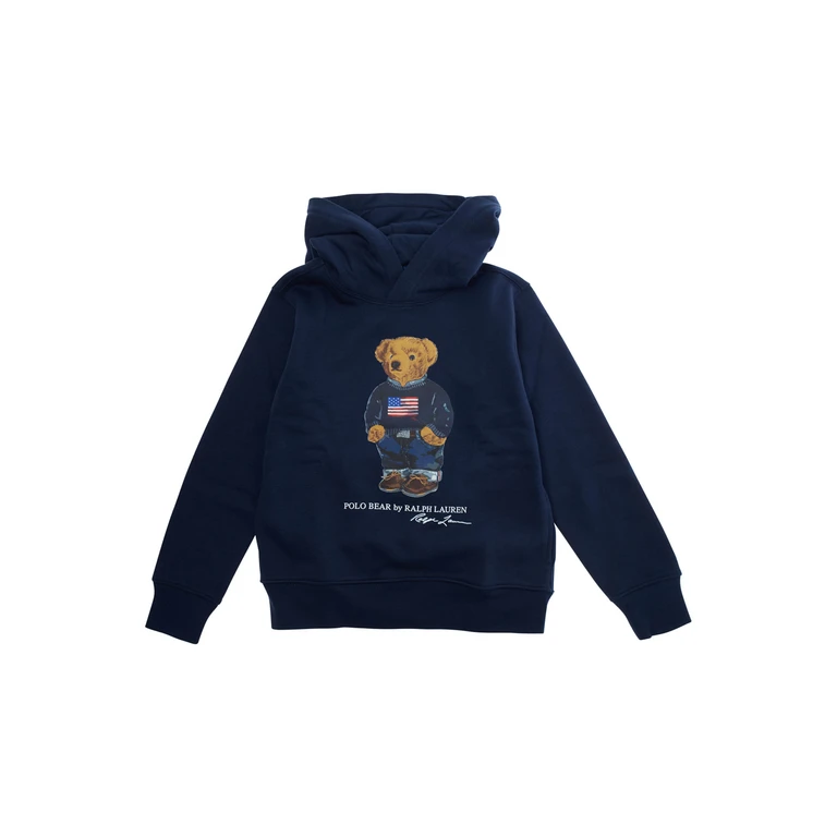 Blue Hoodie With Fixed Hood And Polo Bear Print On The Front Cotton Blend Boy Blu Recycled Polyester Sweatshirts - Kids
