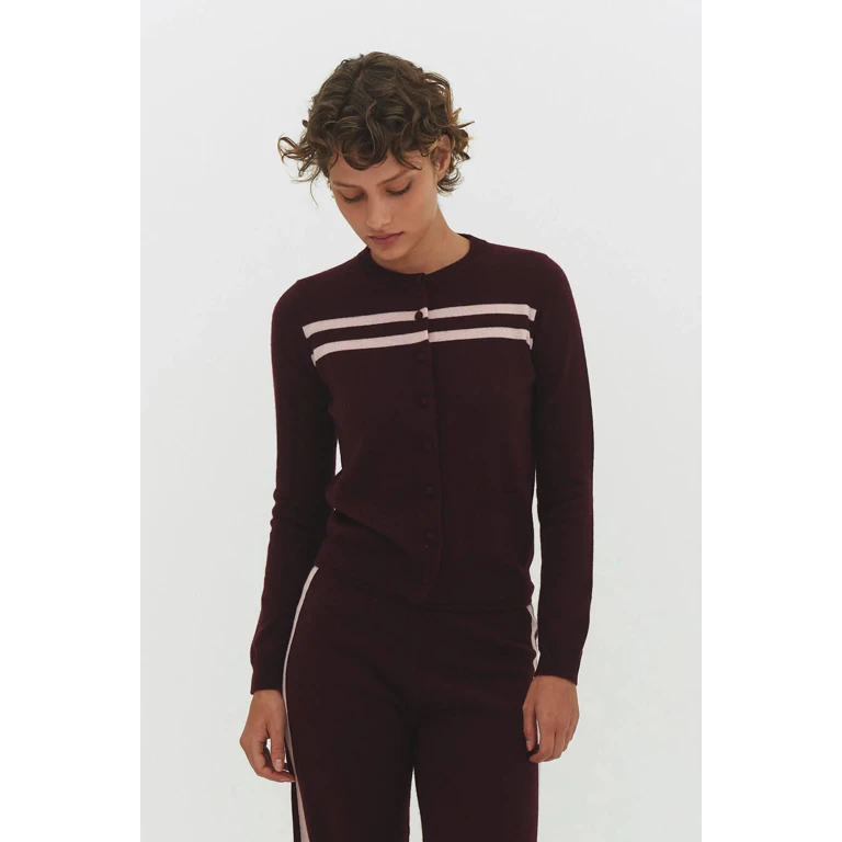 Cashmere Wool Stripe Cardigan in Raspberry Cream