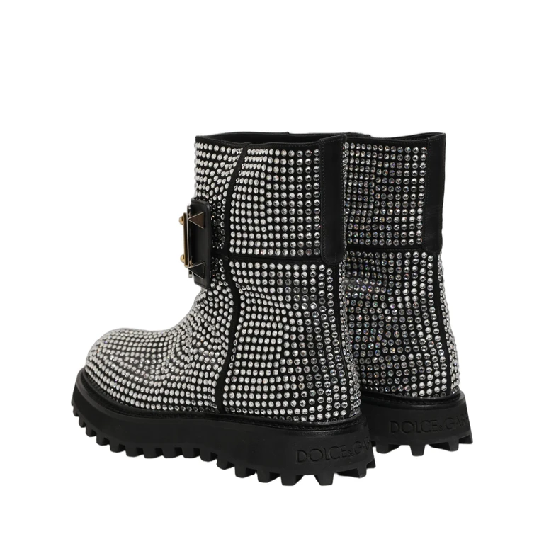 Dolce & Gabbana Black Crystal Embellished Short Boots Shoes Leather - Men
