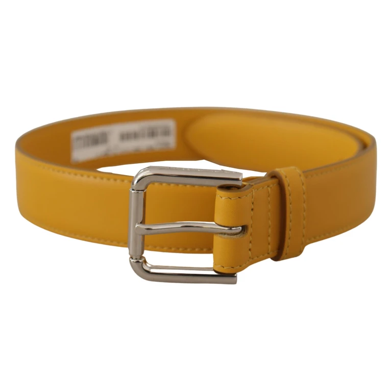 Yellow Leather Silver Tone Logo Metal Buckle Belt - Women