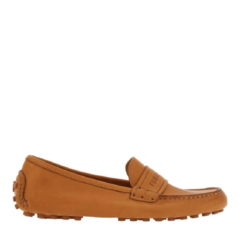 Ladies Brown Driver Logo-Debossed Leather Loafers