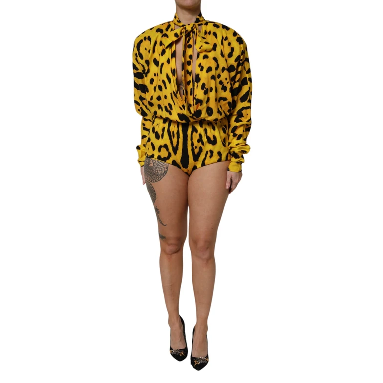 Dolce & Gabbana Yellow Leopard Long Sleeves Jumpsuit Dress Silk Elastane Polyester - Women