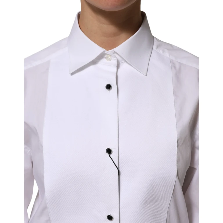 White Cotton Tuxedo Bib Long Sleeve Dress Shirt - Women