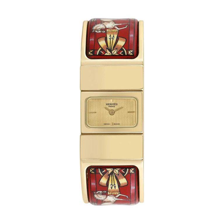 Pre-owned Hermes Women's Loquet Bangle 30mm X 20mm Gold Plated Stainless Steel Wristwatch - L01.201