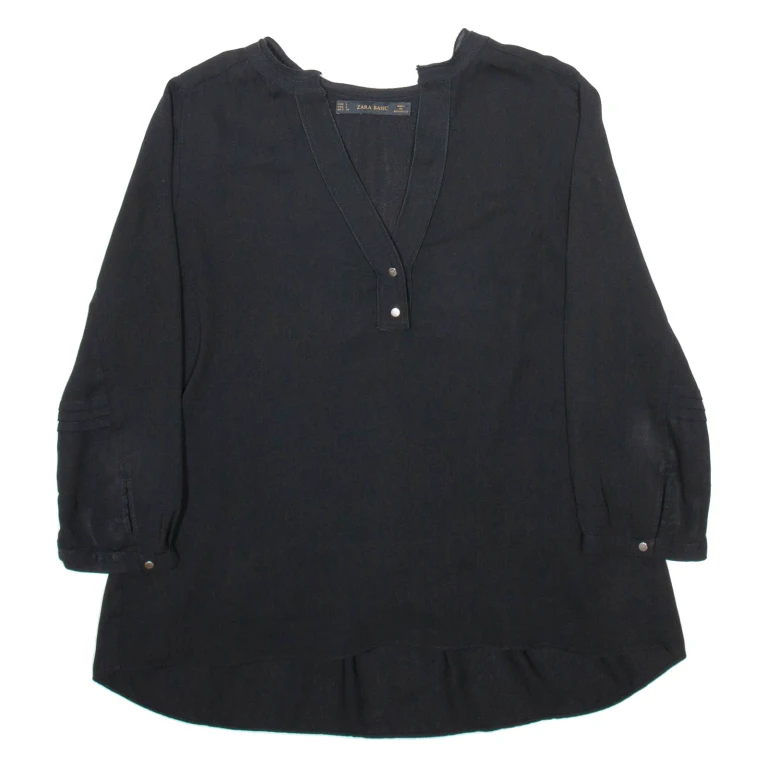 ZARA Womens Blouse Black V-Neck Long Sleeve Viscose L