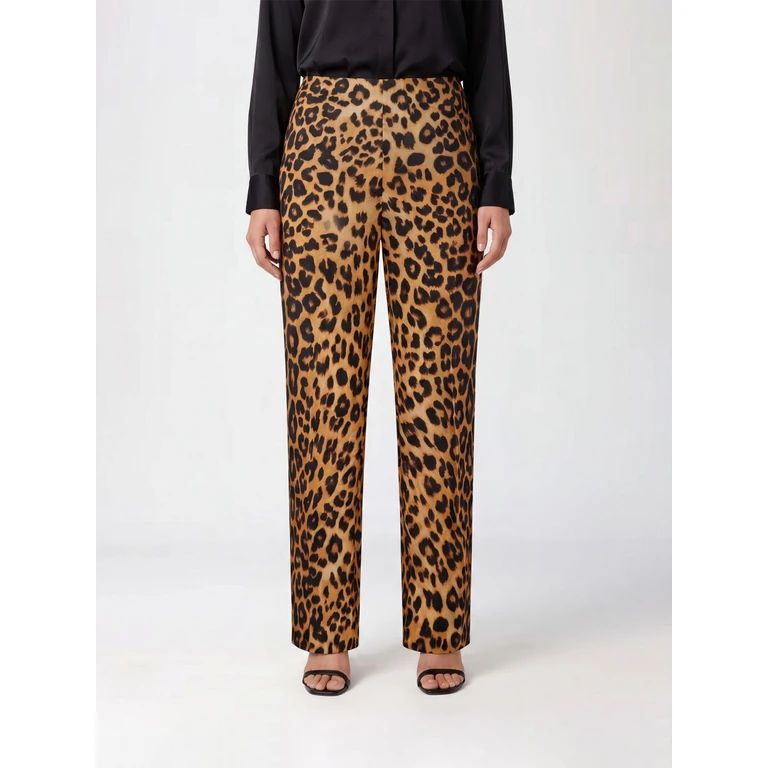 Animal Print Silk Straight Trousers with Mid-Rise Waist (030801501888)