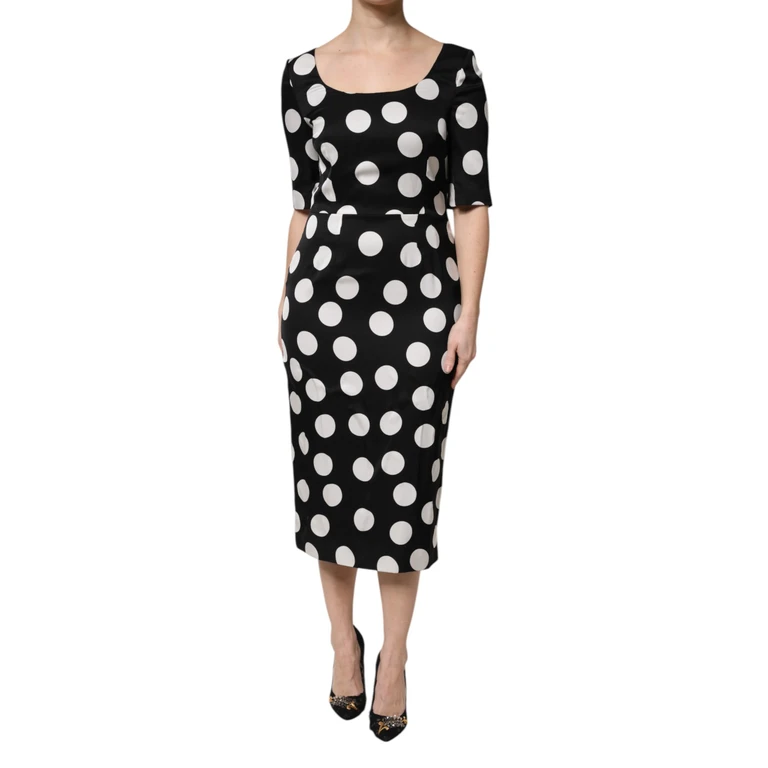 Dolce & Gabbana Black White Polka Dot Silk Sheath Midi Dress And Elastane - Women