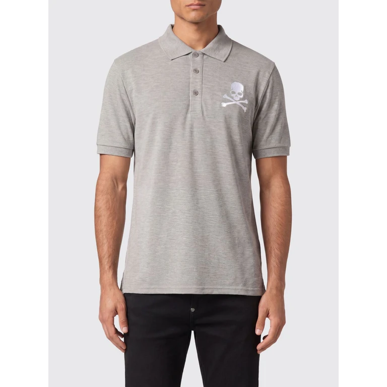 Skull Print Short-Sleeved Cotton Polo Shirt with French Collar (UADCMTK7983PTE003N10)