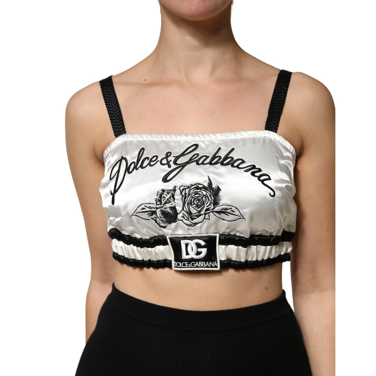 White Silk Satin Crop Black Logo Bralette Top Black/white Polyester Spandex - Women
