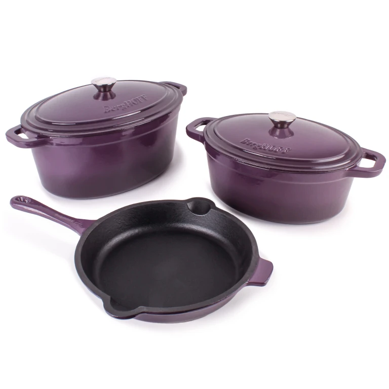Neo 5pc Cast Iron Oval Dutch Oven Set with 10" Fry Pan, 5qt. & 8qt., Purple
