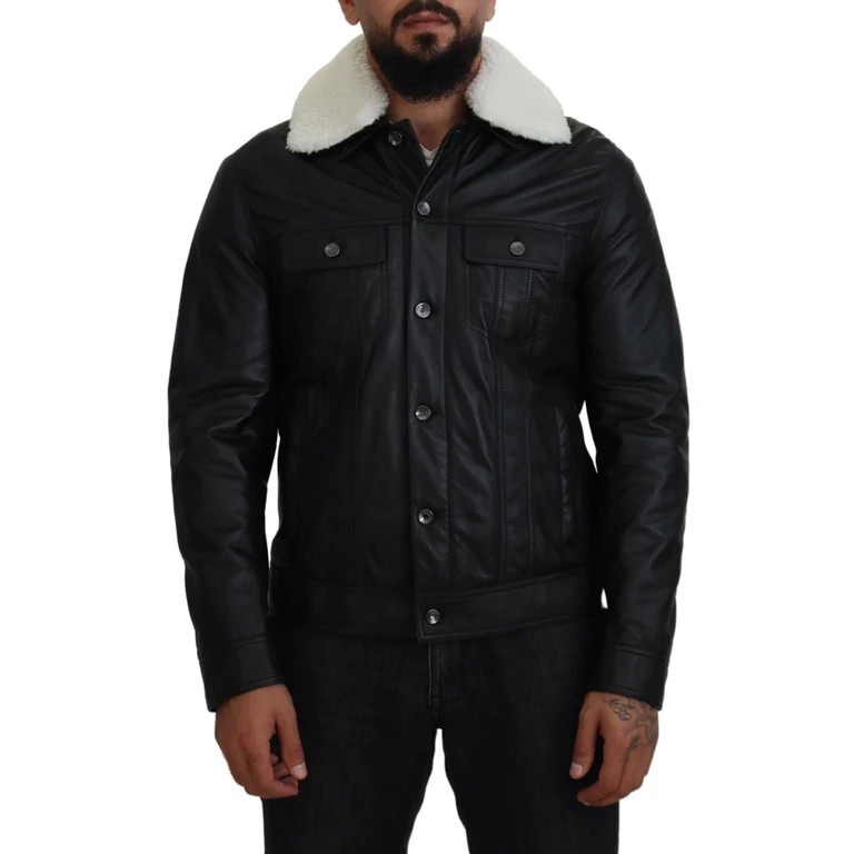 Black Lamb Leather Collared Men Coat Jacket Clothing - Men