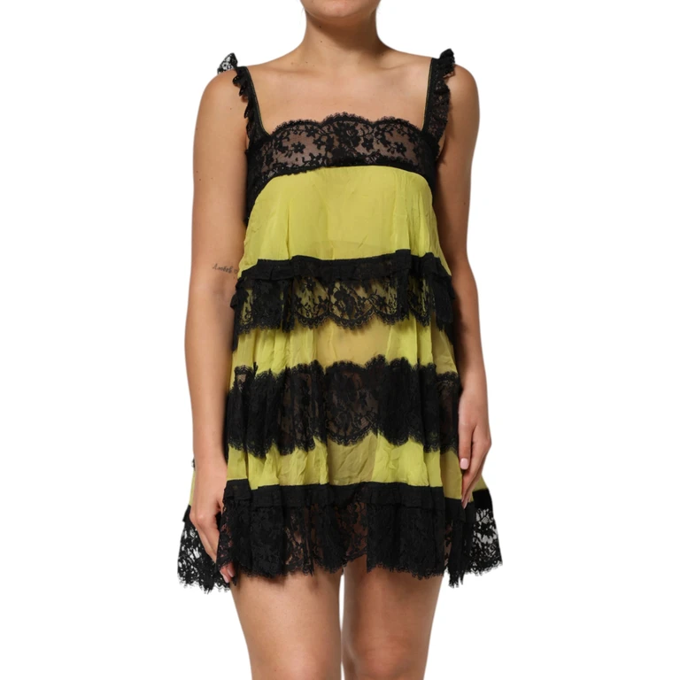 Dolce & Gabbana Yellow Black Babydoll Chemise Lingerie Dress Yellow, Silk - Women