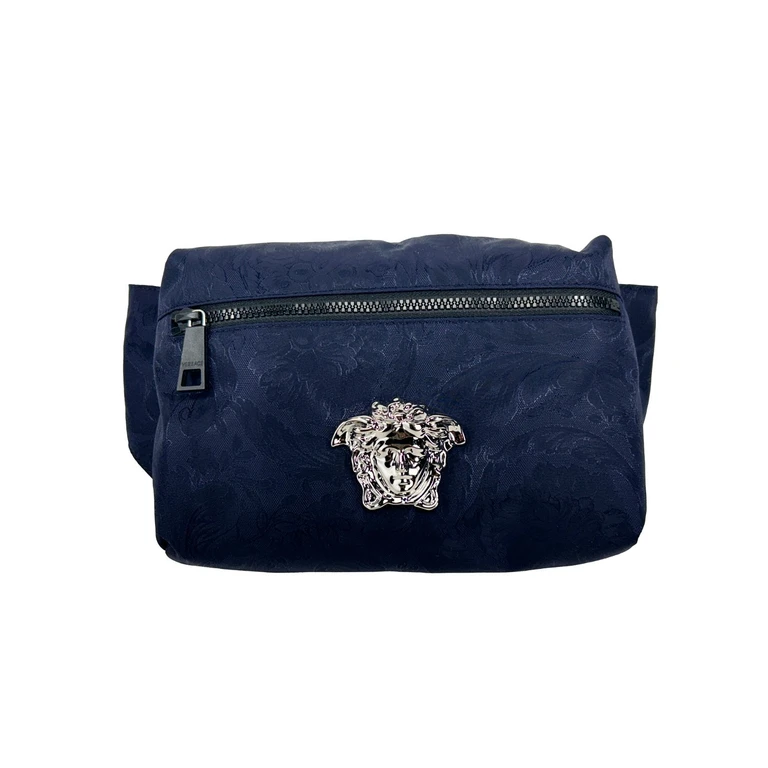 Versace Medusa Navy Nylon Belt Bag Waist Fanny Pack Purse Silver - Women