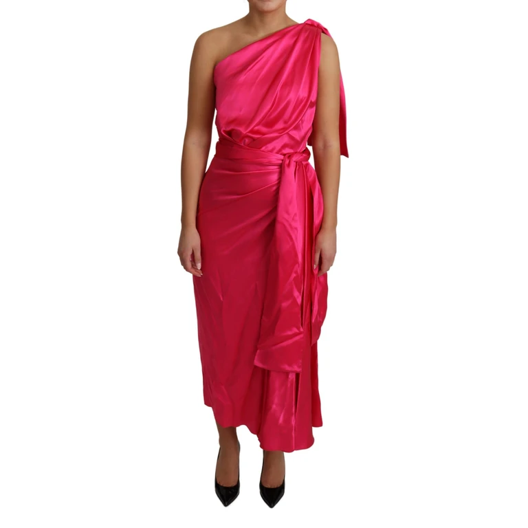 Dolce & Gabbana Dress Pink Fitted Cut One Shoulder Midi Silk - Women