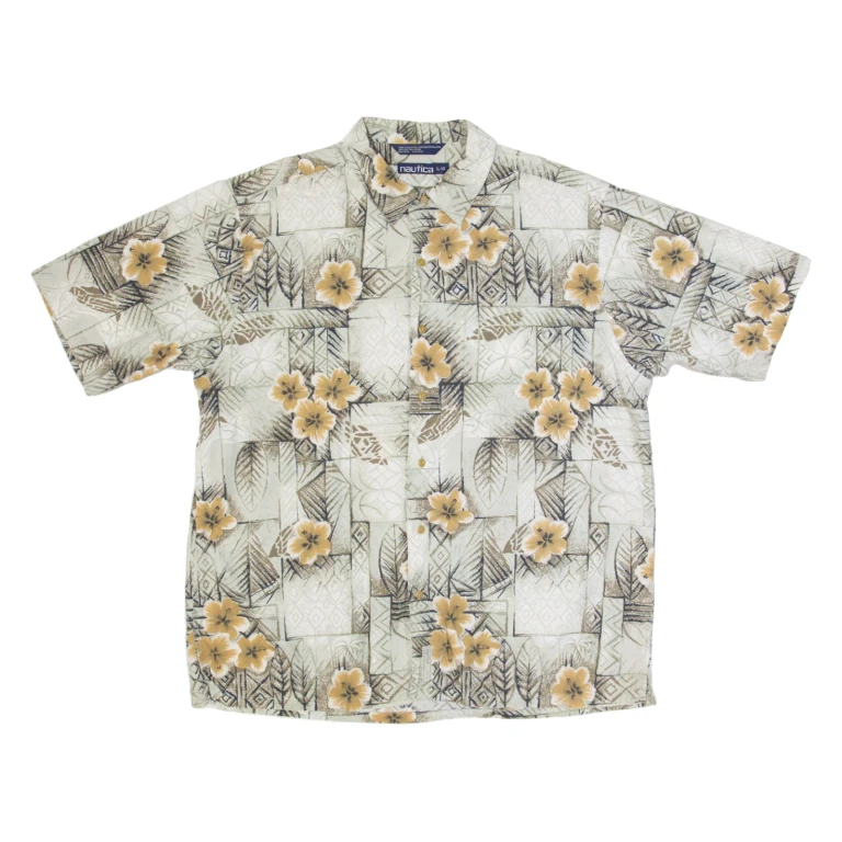 NAUTICA Mens Hawaiian Shirt Grey Crazy Pattern L