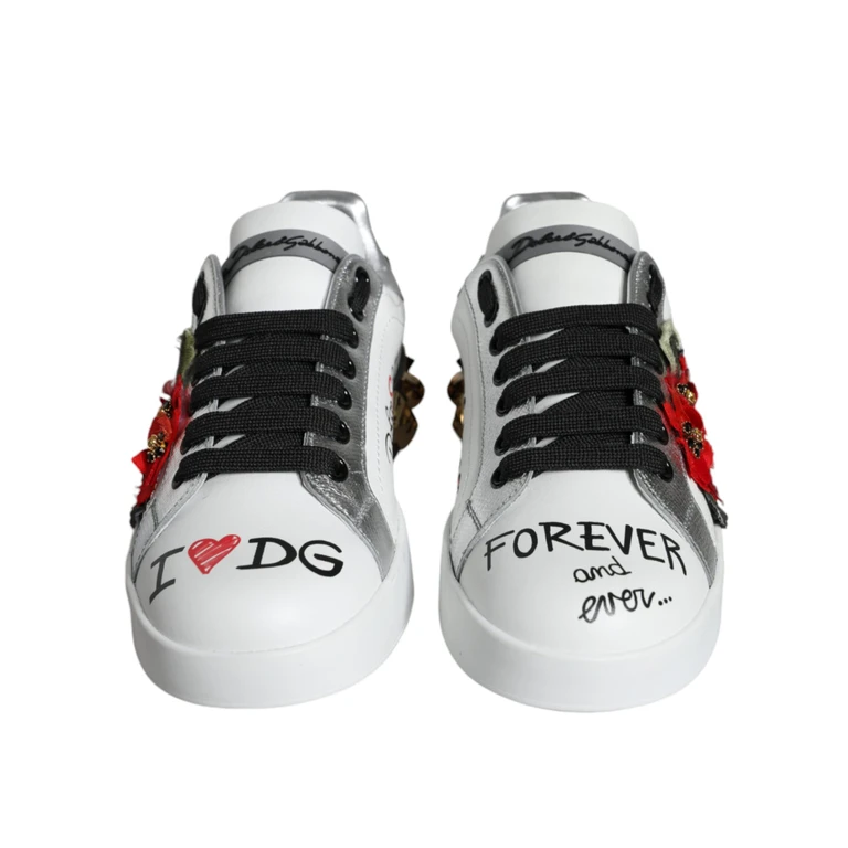 Dolce & Gabbana White Leather Floral Studded Sneakers Shoes - Women
