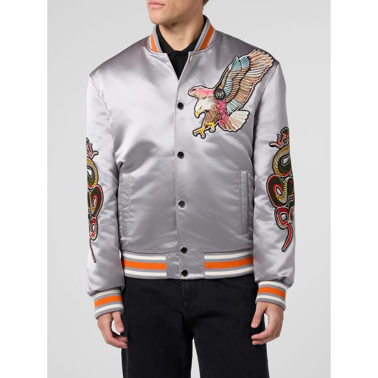 Satin Bomber Jacket with Embroidered Patches and Hexagon Logo (SAFCMRB2979PTE003N10)