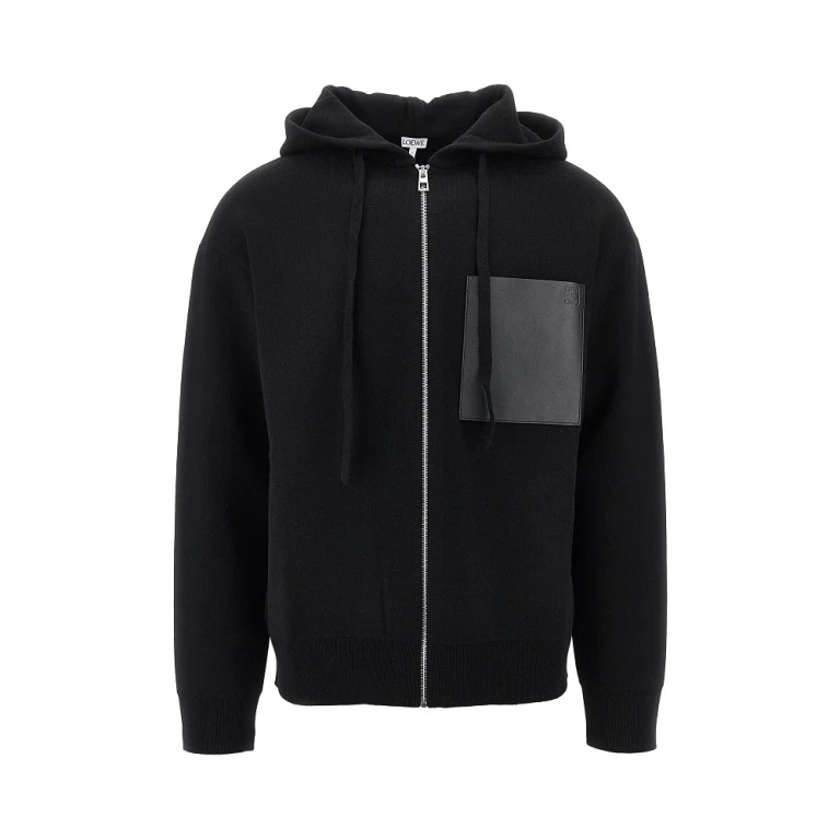Knitted full-zip hoodie with leather pocket Man S