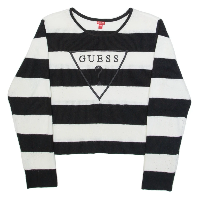 GUESS Womens Patterned Jumper White Striped Tight Knit L