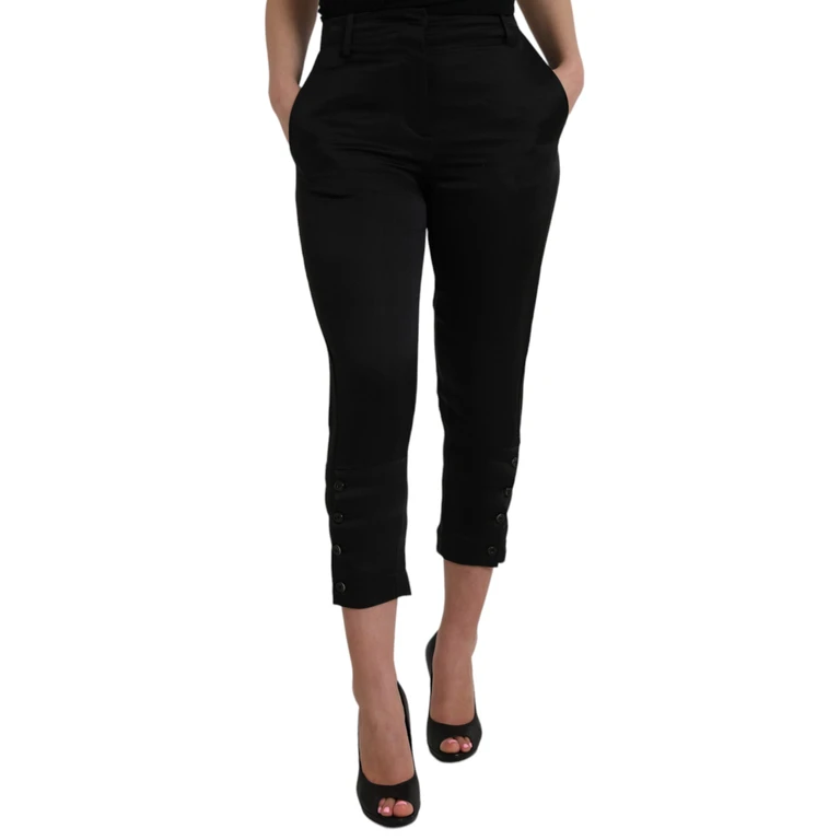Black High Waist Capri Cropped Pants Cotton - Women