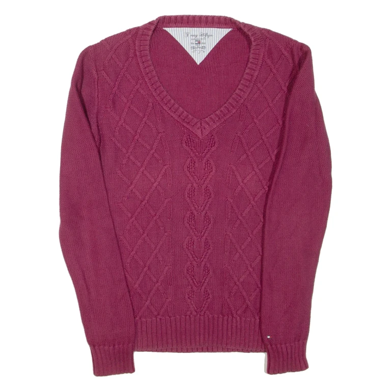TOMMY HILFIGER Womens Jumper Purple V-Neck Cable Knit S