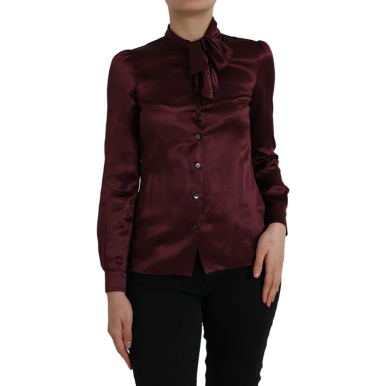 Dolce & Gabbana Maroon Ascot Collar Long Sleeve Top Blouse Silk - Women