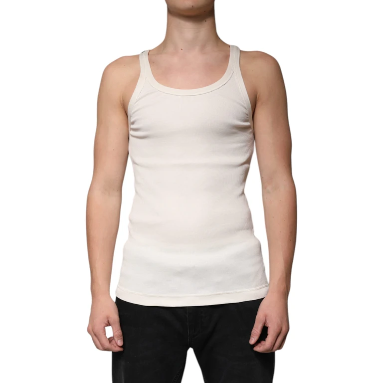 Dolce & Gabbana Off White Cotton Sleeveless Round Neck Tank T-Shirt - Men