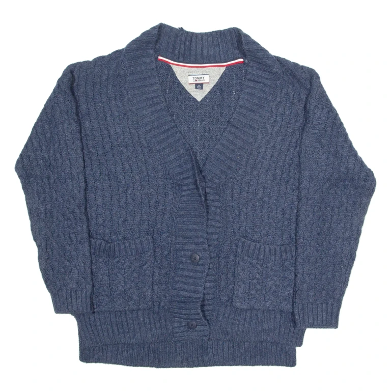 TOMMY HILFIGER Womens Cardigan Blue V-Neck Cable Knit XS
