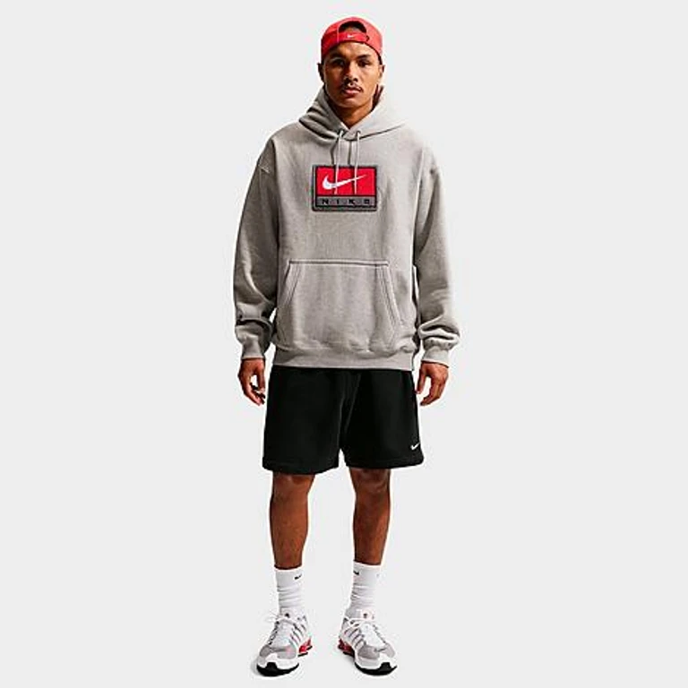 Nike Men's Solo Swoosh Chenille Patch Fleece Pullover Hoodie in Dark Grey Heather/White Size: XS