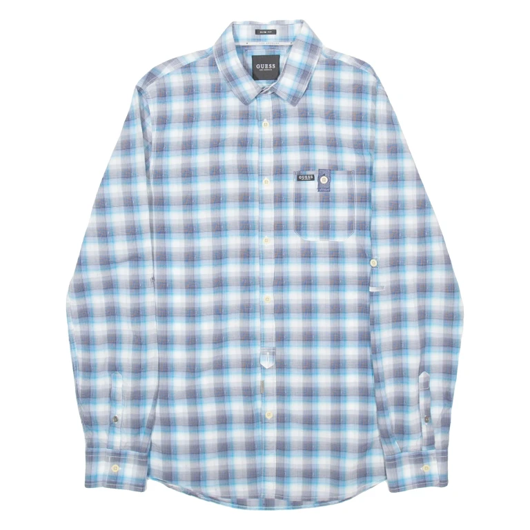 GUESS Slim Fit Mens Shirt Grey Check Long Sleeve S