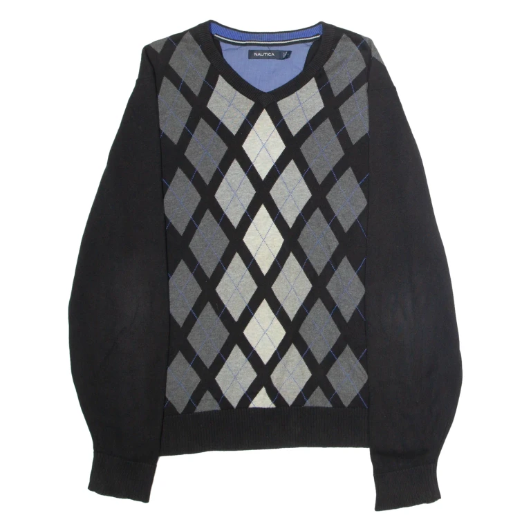 NAUTICA Mens Patterned Jumper Black Argyle Crew Neck Tight Knit M