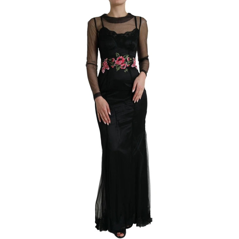 Dolce & Gabbana Black Floral Embroidery Mesh Tulle Gown Dress Nylon Cotton Silk - Women