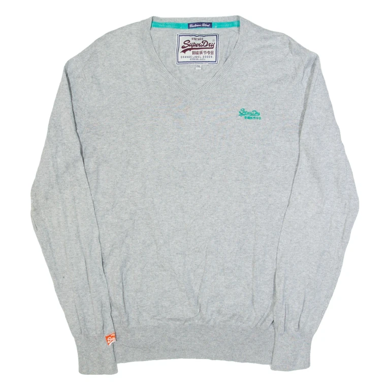 SUPERDRY Womens Jumper Grey V-Neck Tight Knit 2XL