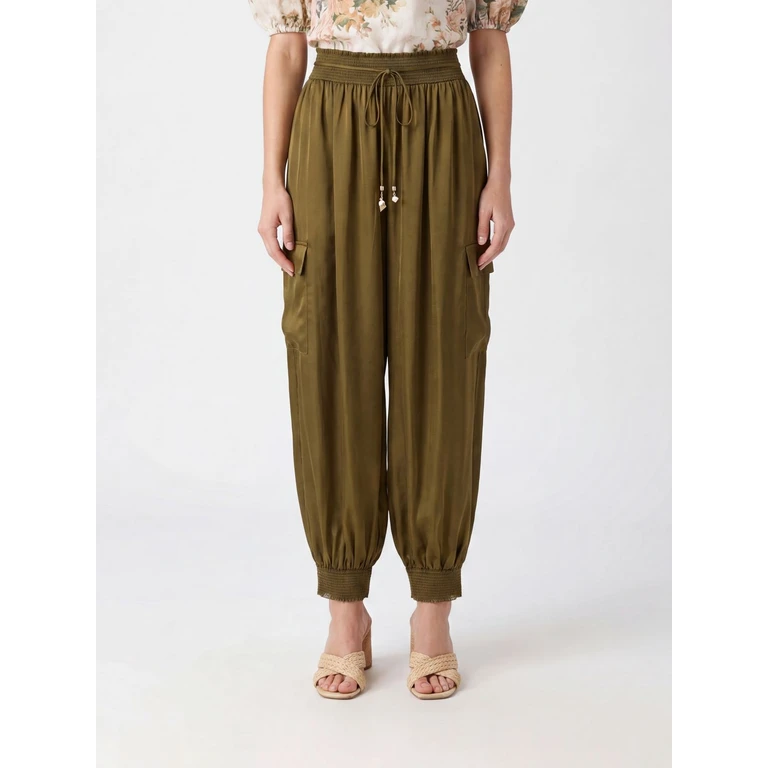 High-Waisted Wide Leg Cargo Trousers in Silk with Drawstring (7738PSS263OLV)