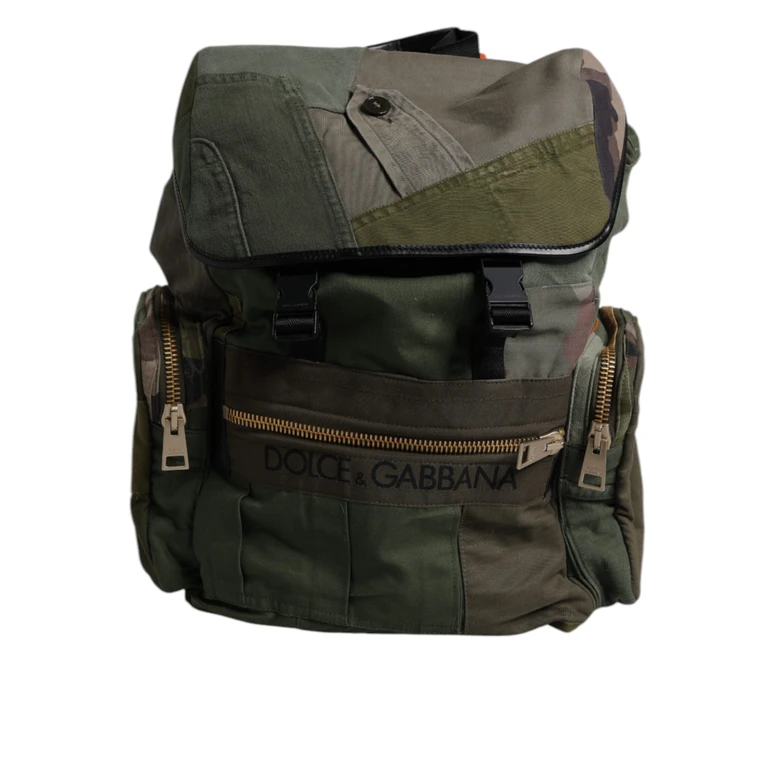 Dolce & Gabbana Military Green Patchwork Travel Backpack Bag Cotton Leather Nylon - Men