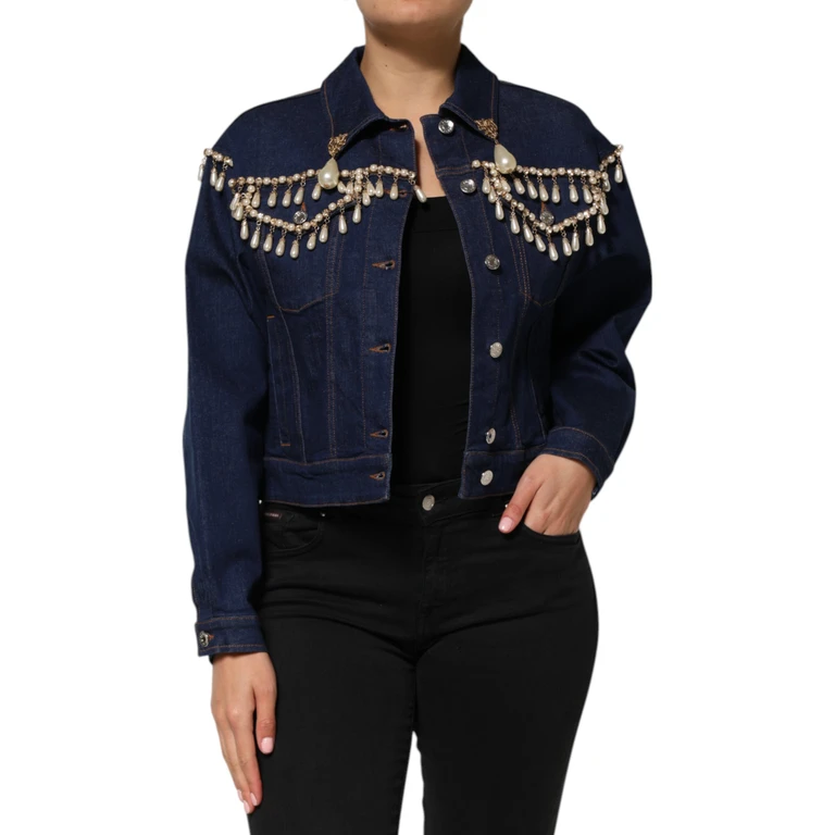 Blue Cotton Denim Crystal Embellished Jacket Clothing - Women