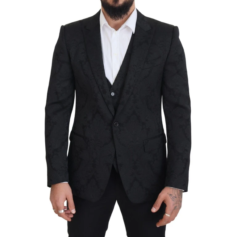 Black Floral Brocade 2 Piece Martini Suit Polyester - Men