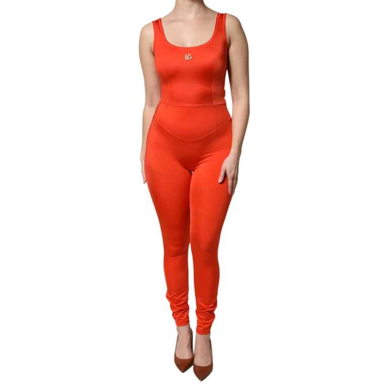 Orange Sleeveless Bodycon Jumpsuit Dress Nylon Elastane - Women