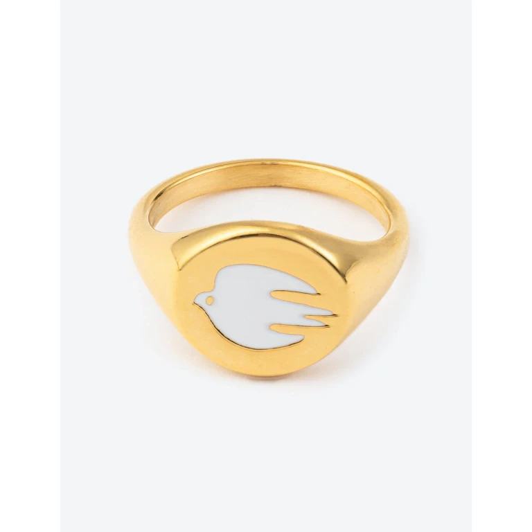 White Enamel Gold Dove Ring